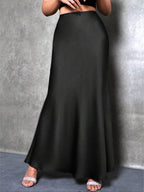 Zinnia Satin Maxi Skirt detail view styled for Avrienne