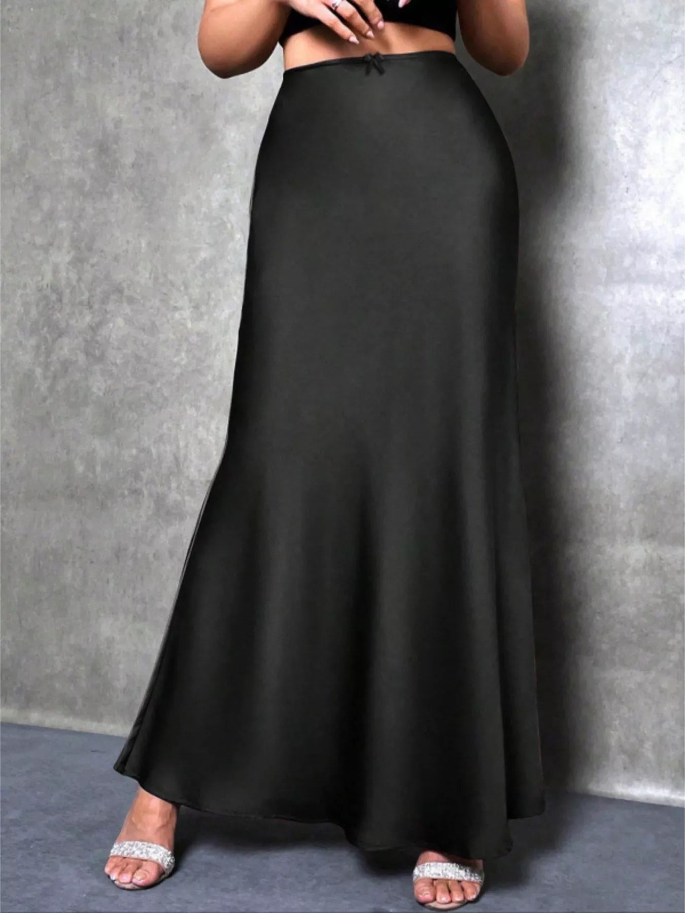 Zinnia Satin Maxi Skirt detail view styled for Avrienne