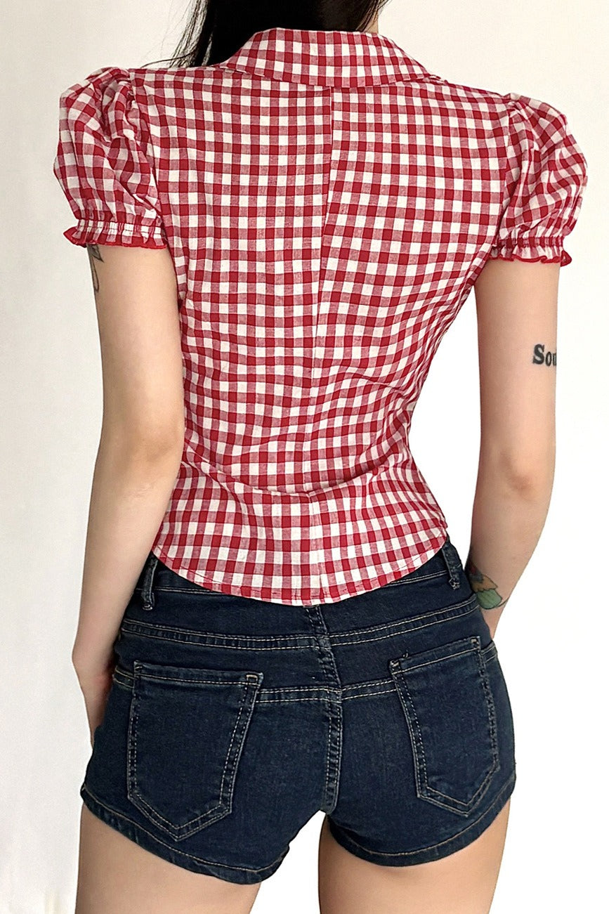 Plaid Ruffle Waist Puff Sleeve Blouse image 6