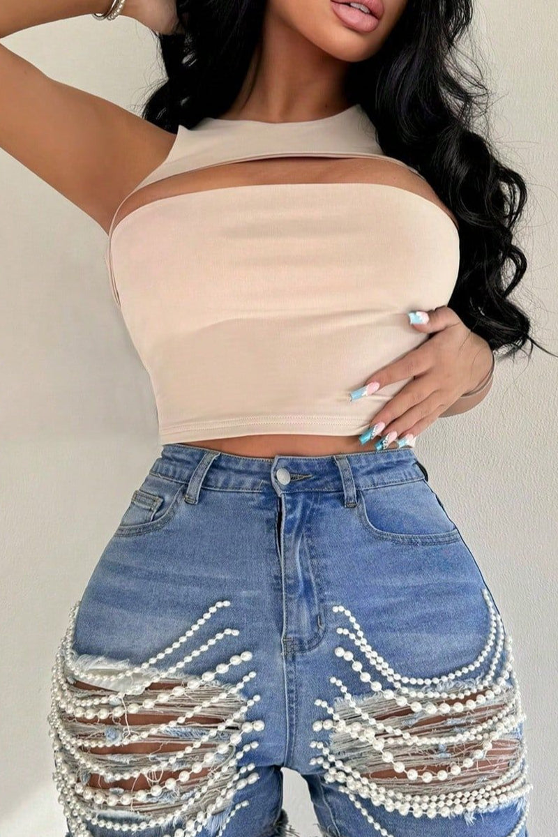 Beaded Chain Ripped High Waist Denim Shorts image 3