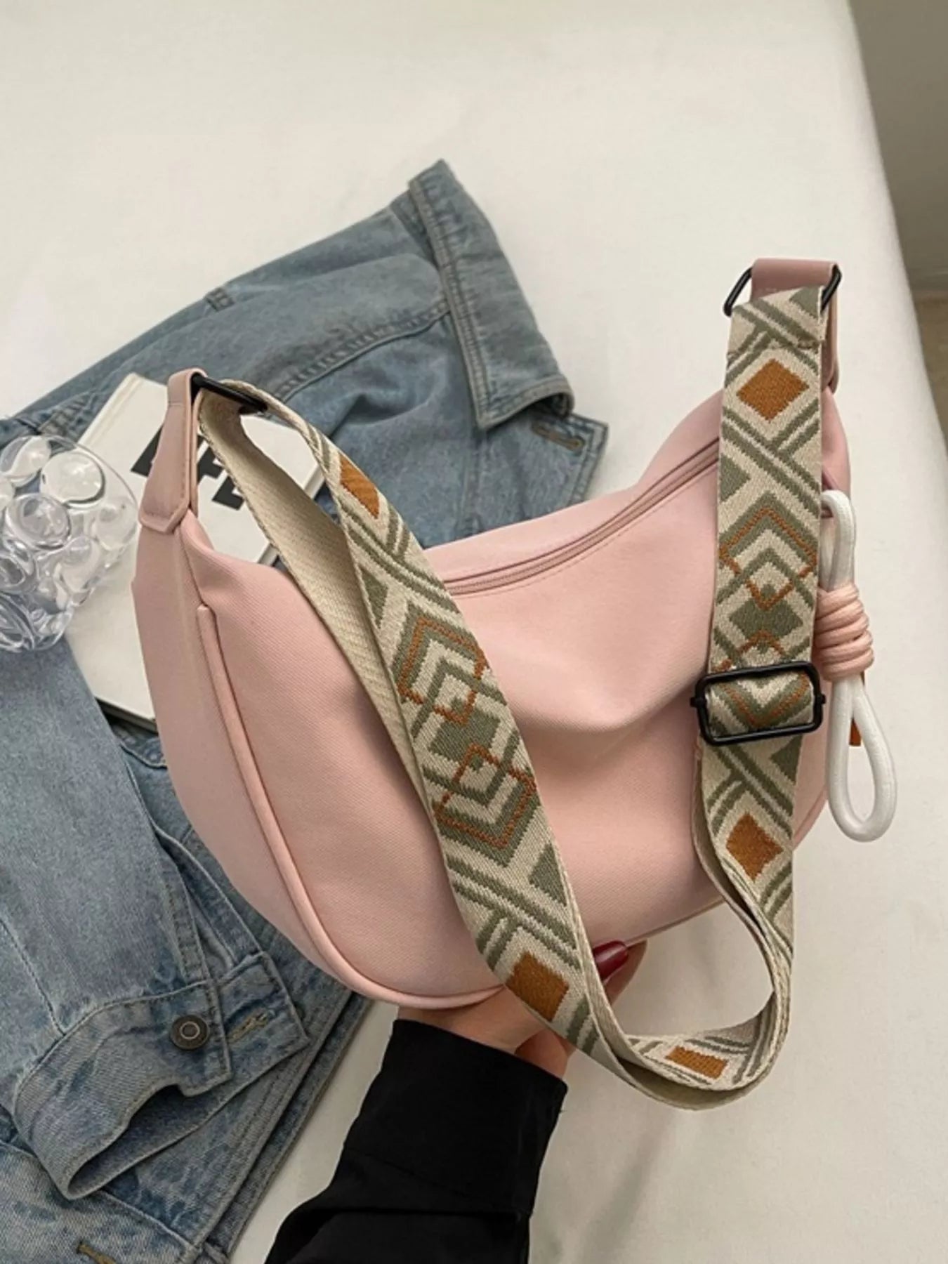 Amalia Straw Crossbody detail view styled for Avrienne