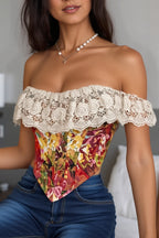 Art Print Lace Panel Boned Vintage Jacquard Cami Blouse image 2