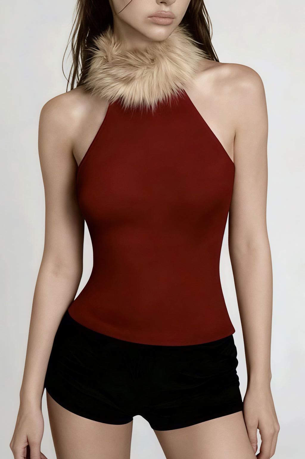 Patchwork Fleece Collar Sleeveless Slim Elegant Tank Top image 4