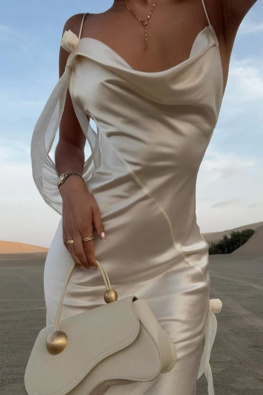 Solid Satin Floral Backless Elegant Maxi Dress image 4