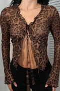 Leopard Print Sheer Tie Long Sleeve Blouse image 1