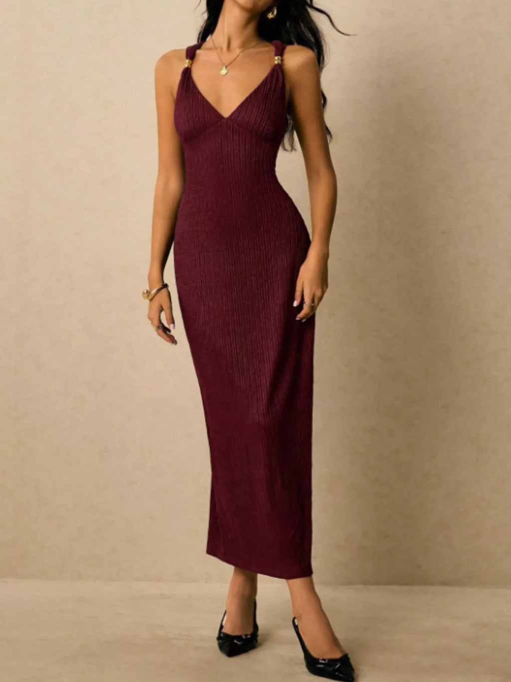 Solene Knit Midi Dress detail view styled for Avrienne