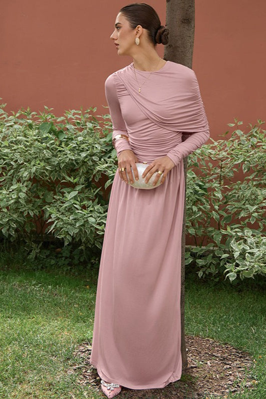 Vintage Ruched High Waist Long Sleeve Maxi Dress image 1