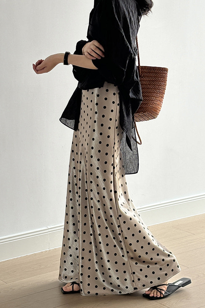 Vintage Polka Dot Satin High Waist A-line Midi Skirt image 4