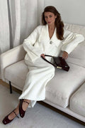 Bell-Sleeve Pink Polo Collar Cardigan Straight Skirt Two Piece Set image 9