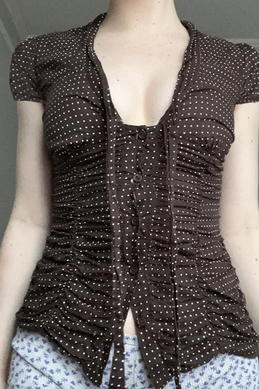 Button Tie Waist Dot Print Blouse image 2