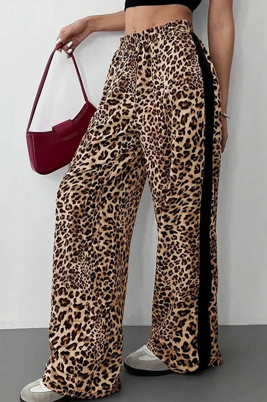 Stylish Leopard Print Black Trim High-Waisted Wide-Leg Pants image 1