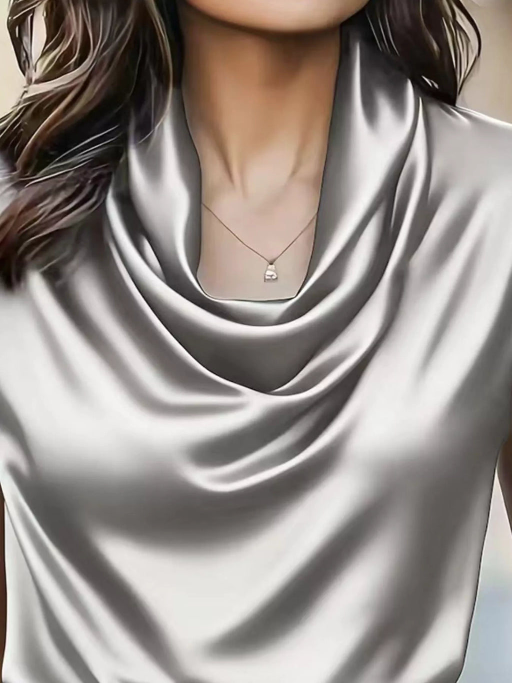 Isadora Satin Blouse detail view styled for Avrienne