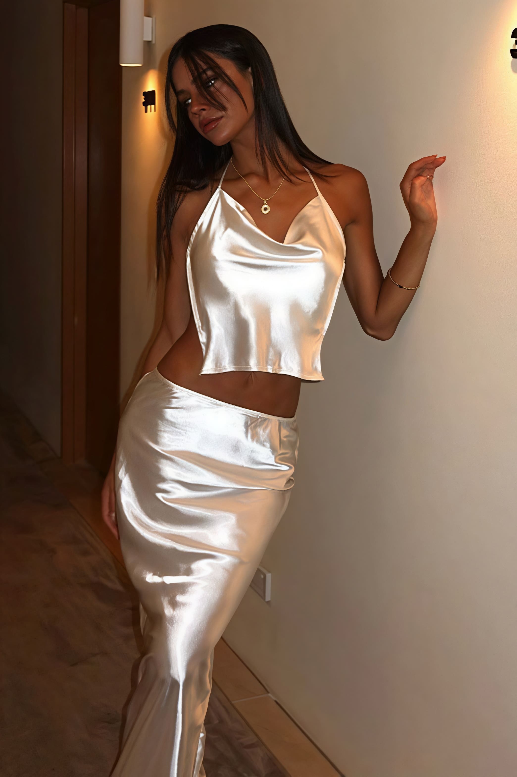 Sexy Satin Halter Backless Maxi Skirt Set image 2