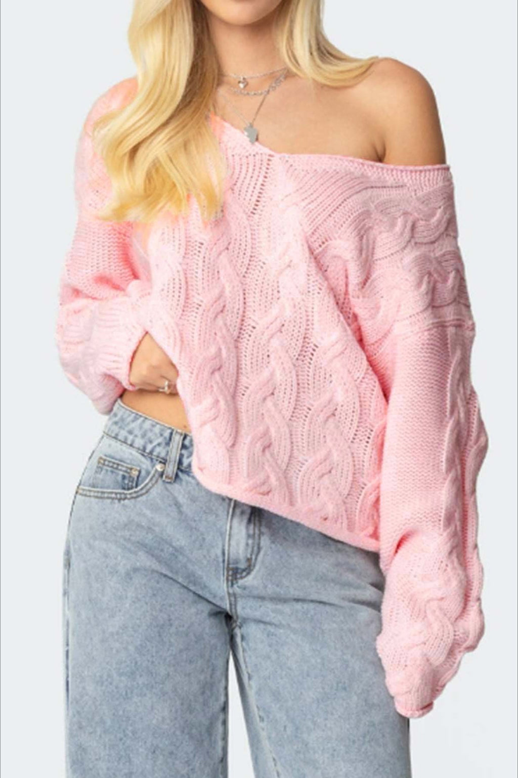 Solid Color V-Neck Cable-Knit Loose Sweater image 2