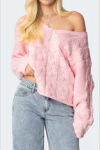 Solid Color V-Neck Cable-Knit Loose Sweater image 2