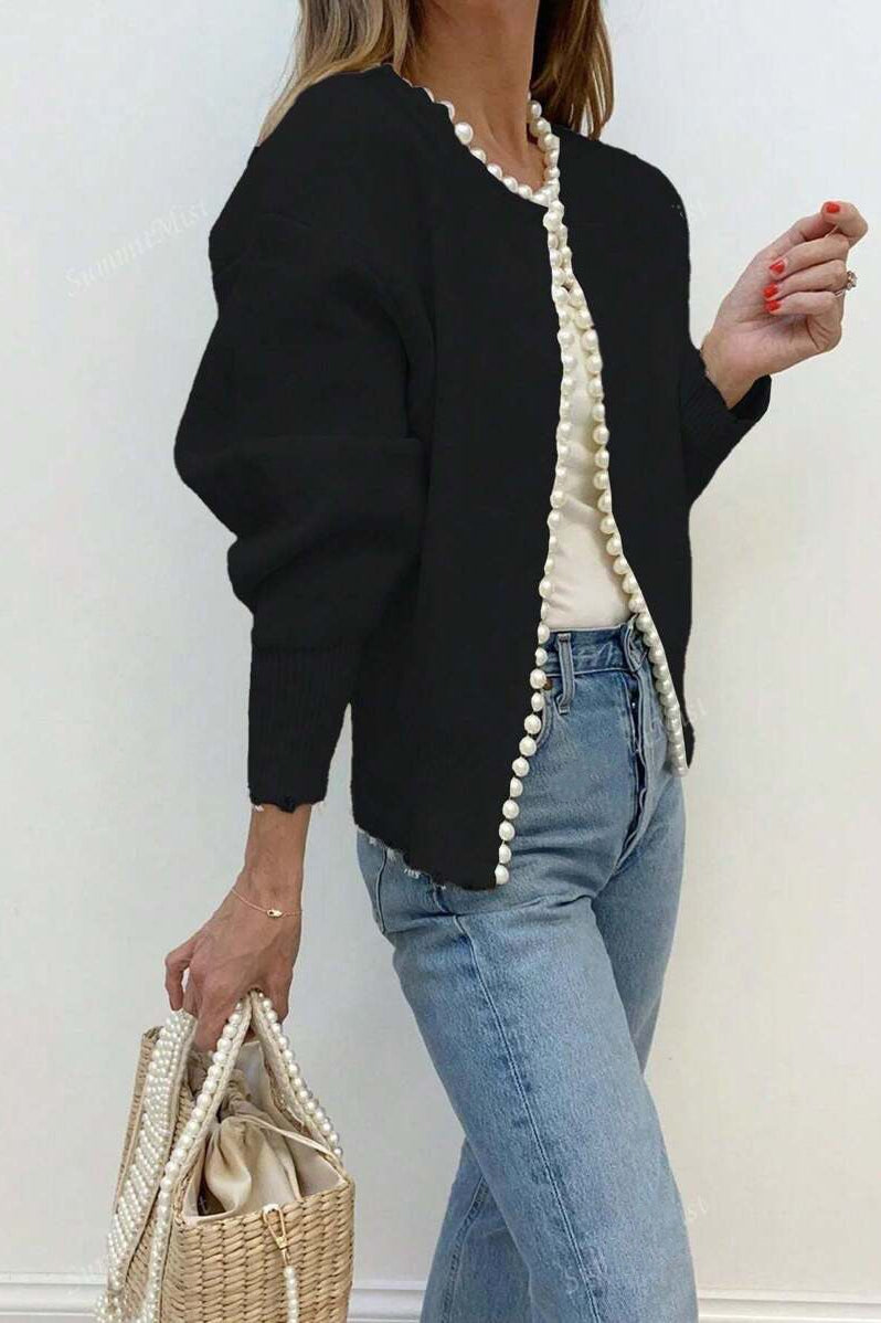 Pearl-Trimmed Crew-Neck Heavy-Detail Knit Cardigan image 5