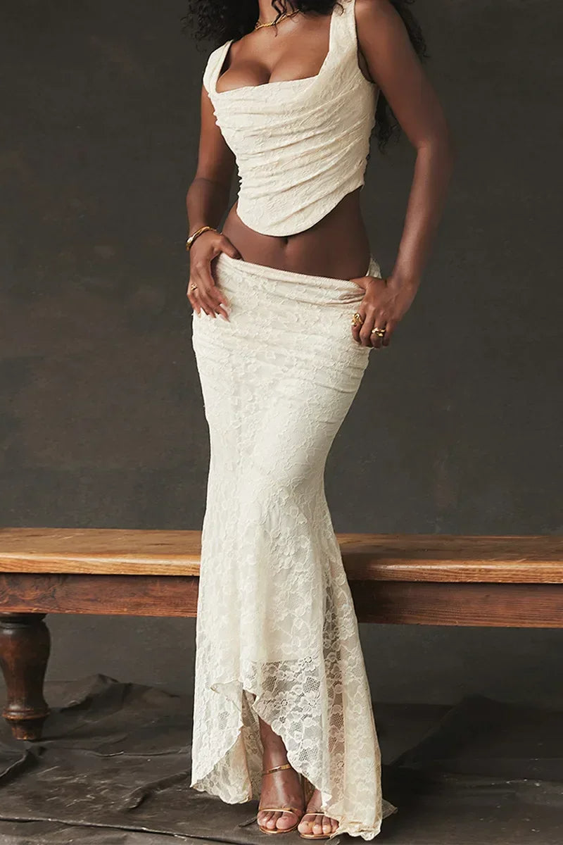 Elegant Lace-Up Crop Top & Maxi Skirt Boho Dress image 30