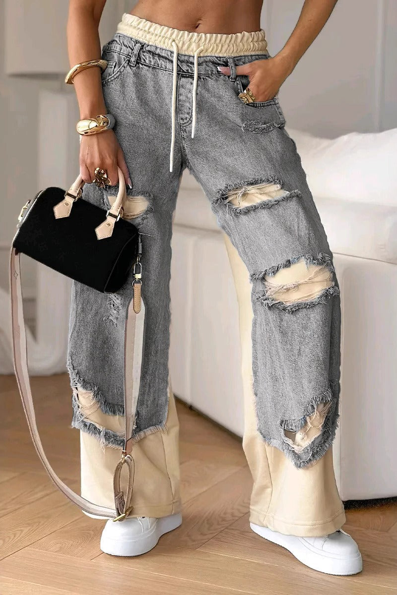 Patchwork Distressed Denim Jeans image 2