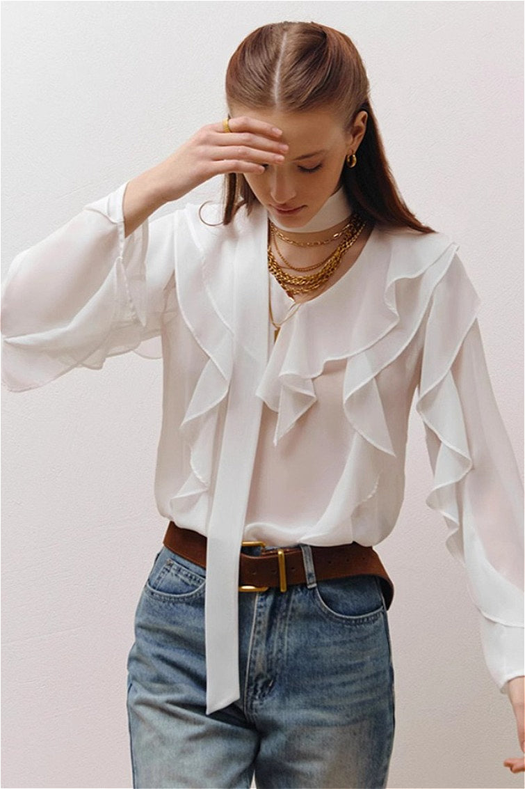 Elegant Solid Chiffon Ruffled Tie Blouse image 6