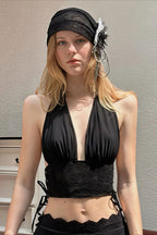 Solid Lace Deep V Slim Halter Skirt Set image 7