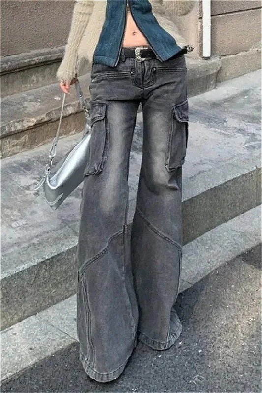 Black Pocket Design Low Waist Workwear Jeans image 2