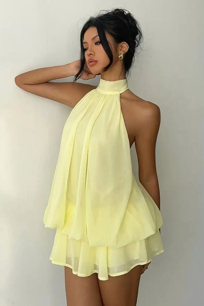 Solid Halter Cutout Back Tie Waist Cinch Mini Dress image 2