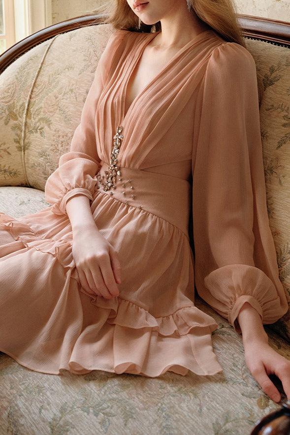 Elegant Deep V Cut Out Waist Rhinestone Chiffon Mini Dress image 4