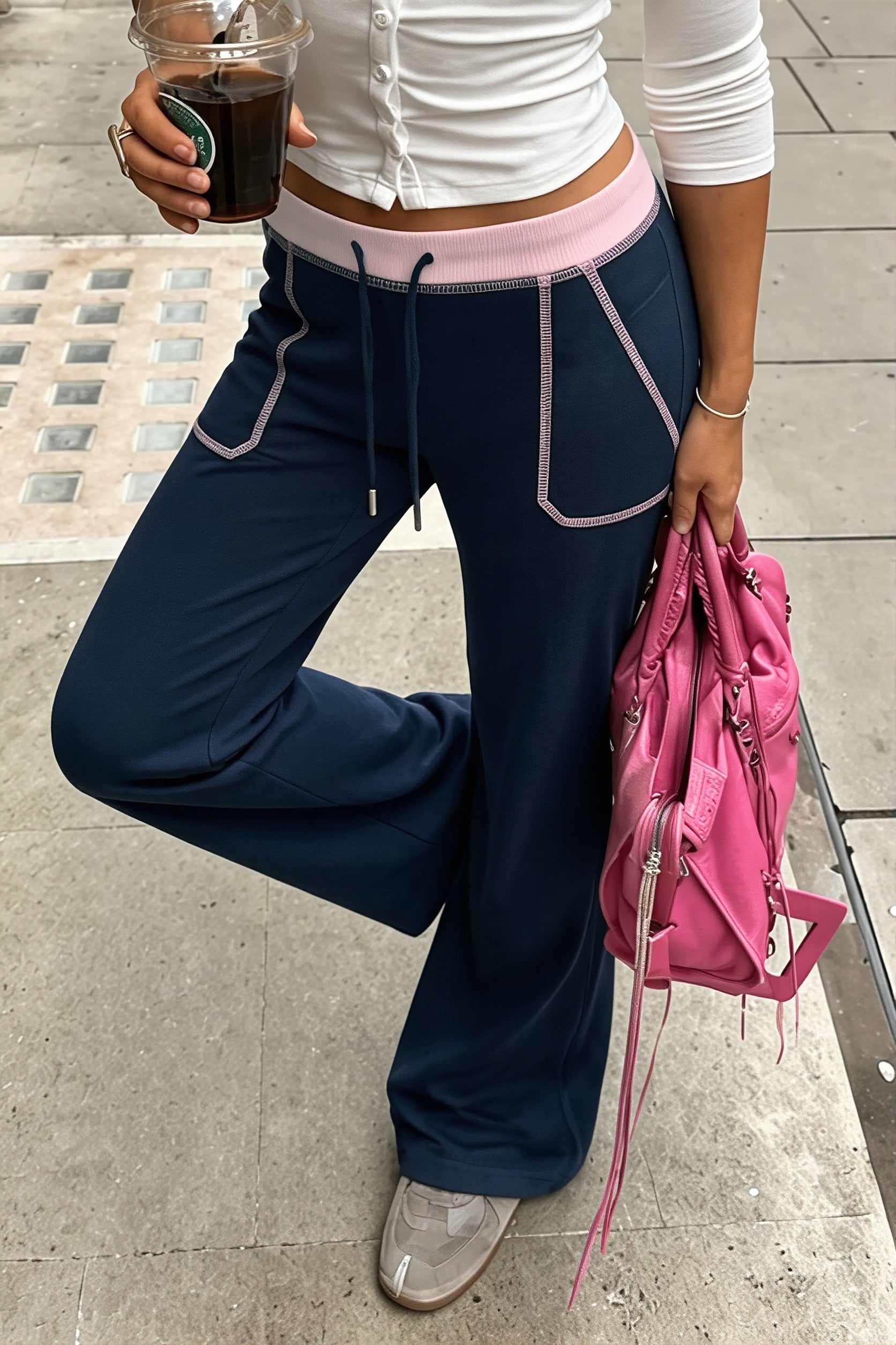 Contrast Drawstring Slim Knit Casual Pants image 3