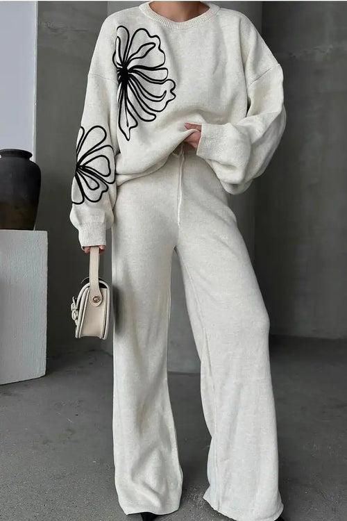 Casual Round Neck Knit Sweater with Pants Two Piece Set image 1