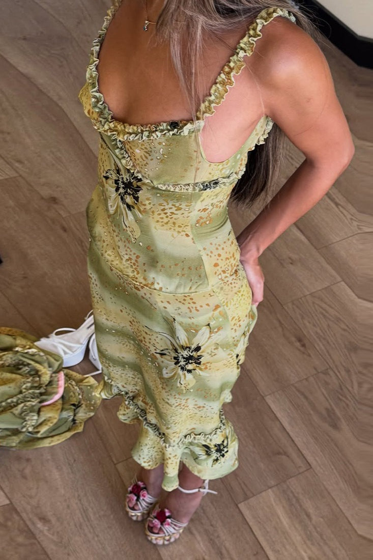 V Neck Ruched Ruffle Floral Print Midi Dress image 2