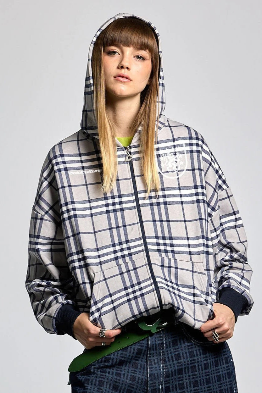 Plaid Printed Zip Y2k Hoodie image 1