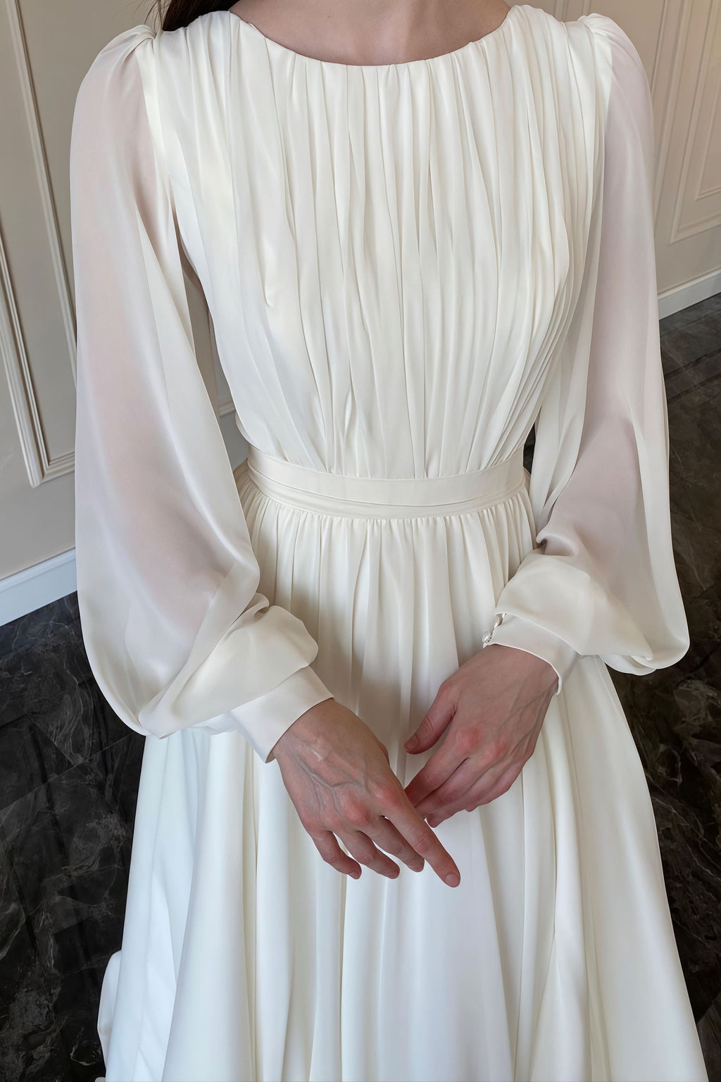 Minimalist Flowy Silky Retro Long Sleeve Reception Dress image 3