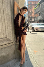 Backless Halter Neck Deep V Sequin Bodycon Mini Dress image 5