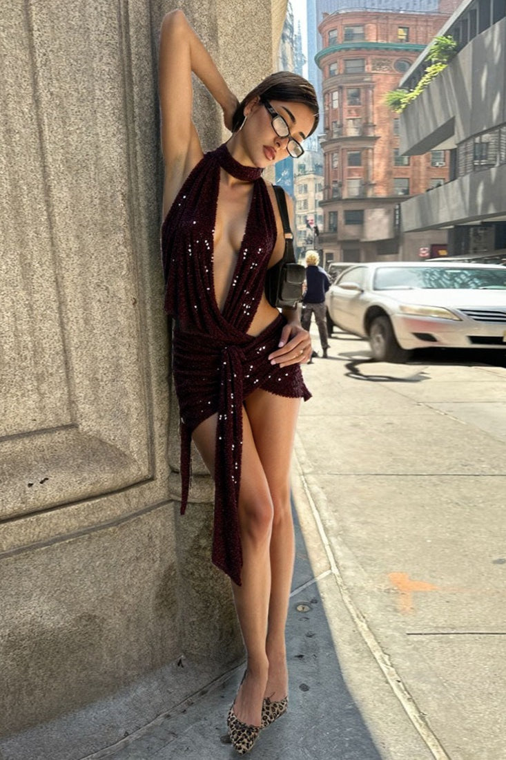 Backless Halter Neck Deep V Sequin Bodycon Mini Dress image 5