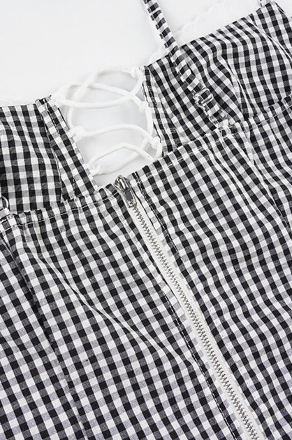 Black Plaid Tie Lace Slim Cami Top image 5