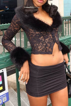 Sexy Fleece Patchwork Lace Long Sleeve Two Piece Set image 5