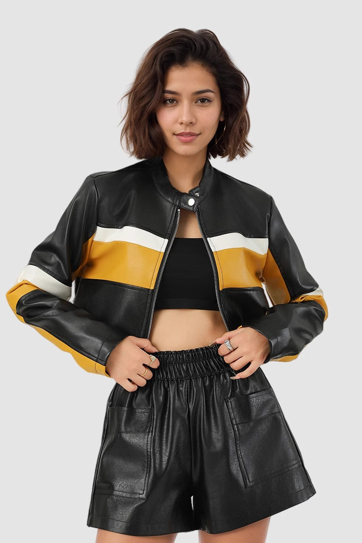 Colorblock PU Cropped Jacket image 1