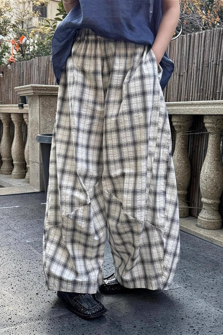 Casual Plaid Ruched Wide Leg Pants image 1