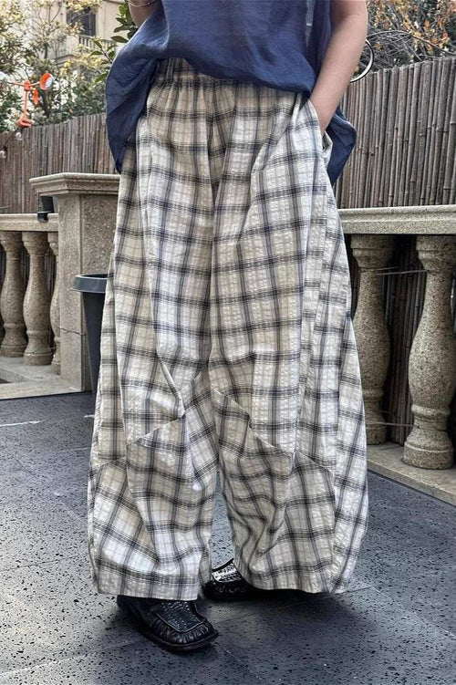 Casual Plaid Ruched Wide Leg Pants image 1