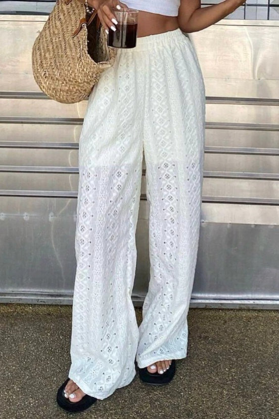 Solid Cutout Embroidered Elastic Waist Pants image 3