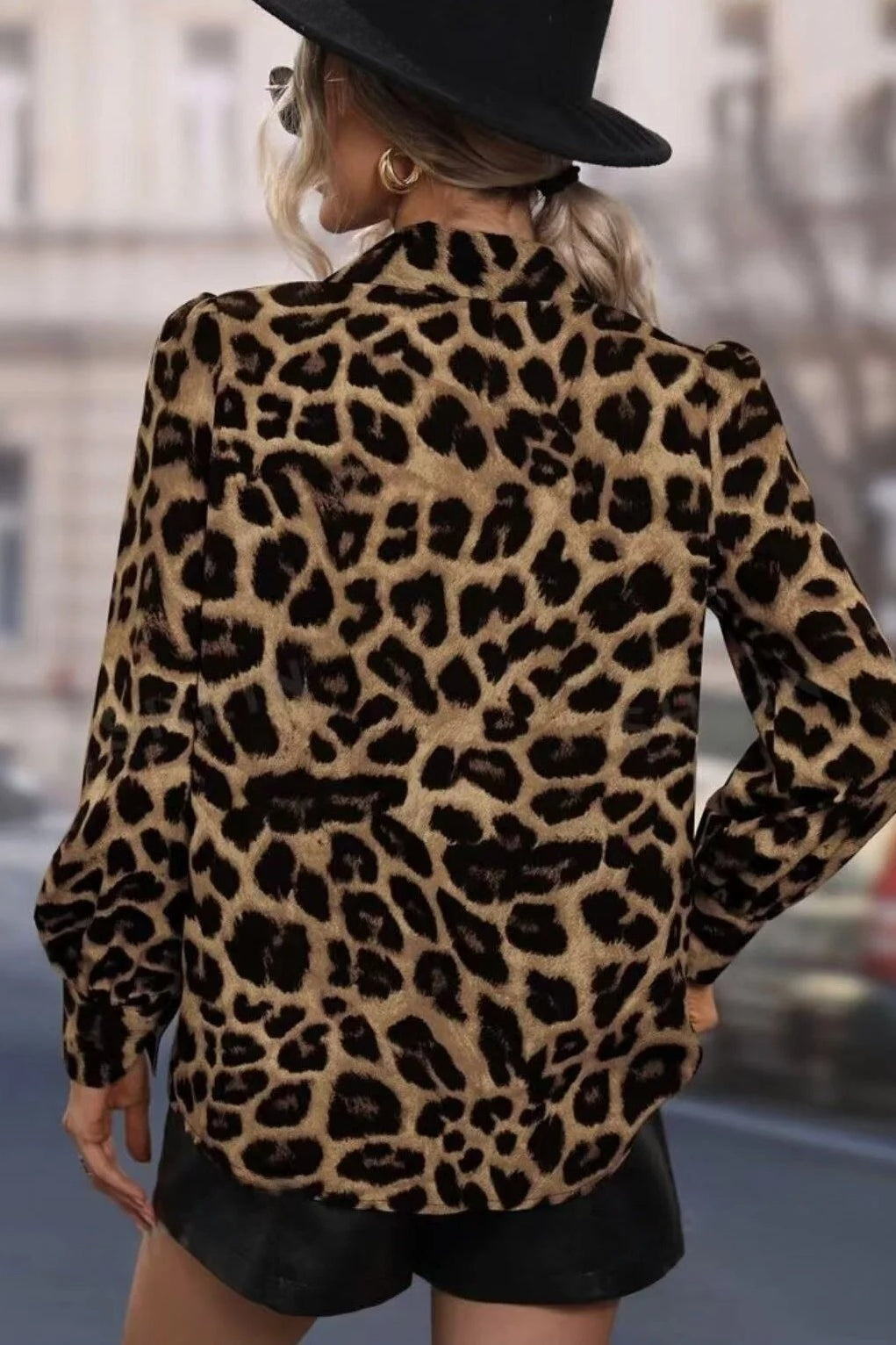 Leopard Print Slim Fit Bubble Sleeve Blouse image 3