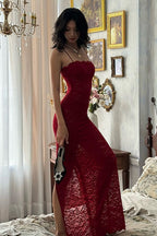 Elegant Red Lace Strapless Cami Bodycon Maxi Dress image 3