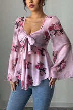 Floral Tie Dye Square Neck Tie Long Sleeve Blouse image 1