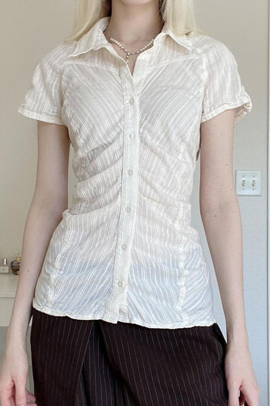 Polo Collar Ruched Slim Texture White Blouse image 3
