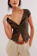 Ribbed Button Short Sleeve Casual Blouse image 1