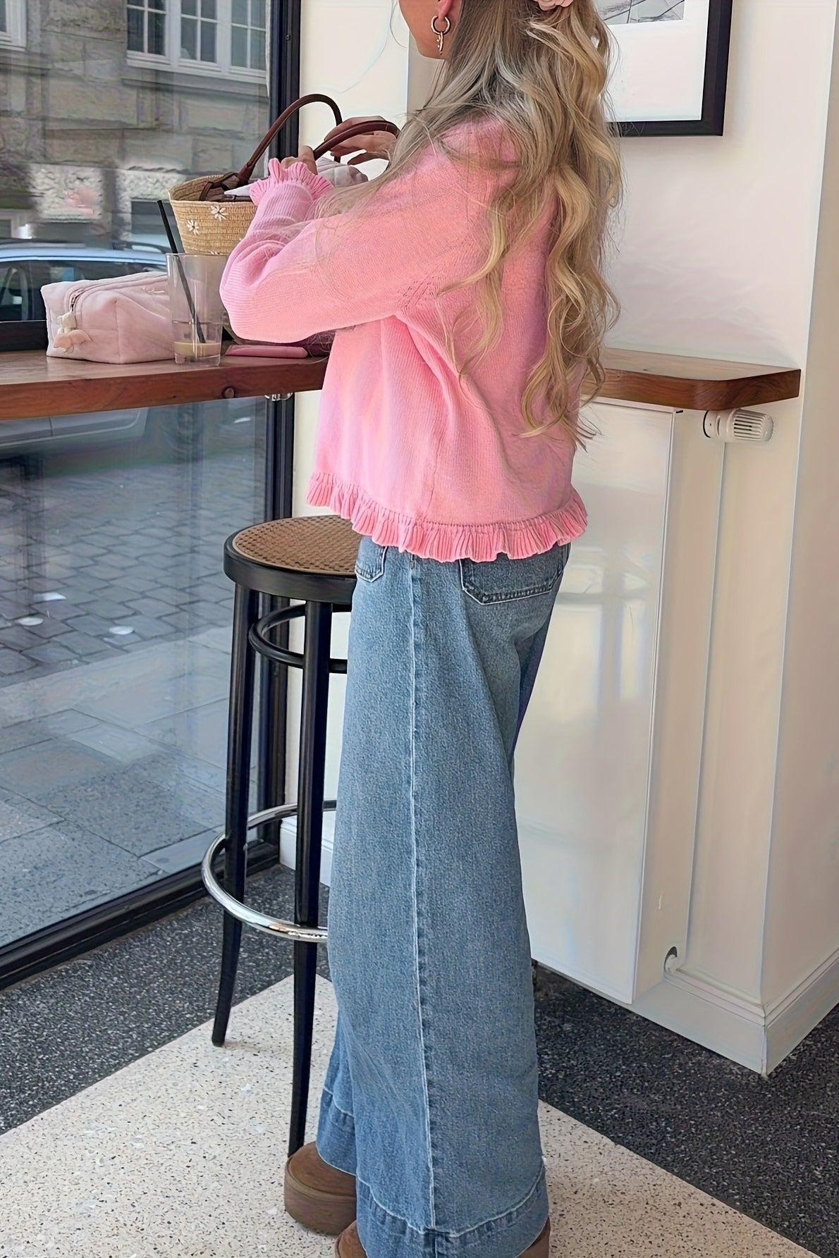 Solid Relaxed Lace Trim Long Sleeve Knit Cardigan image 4