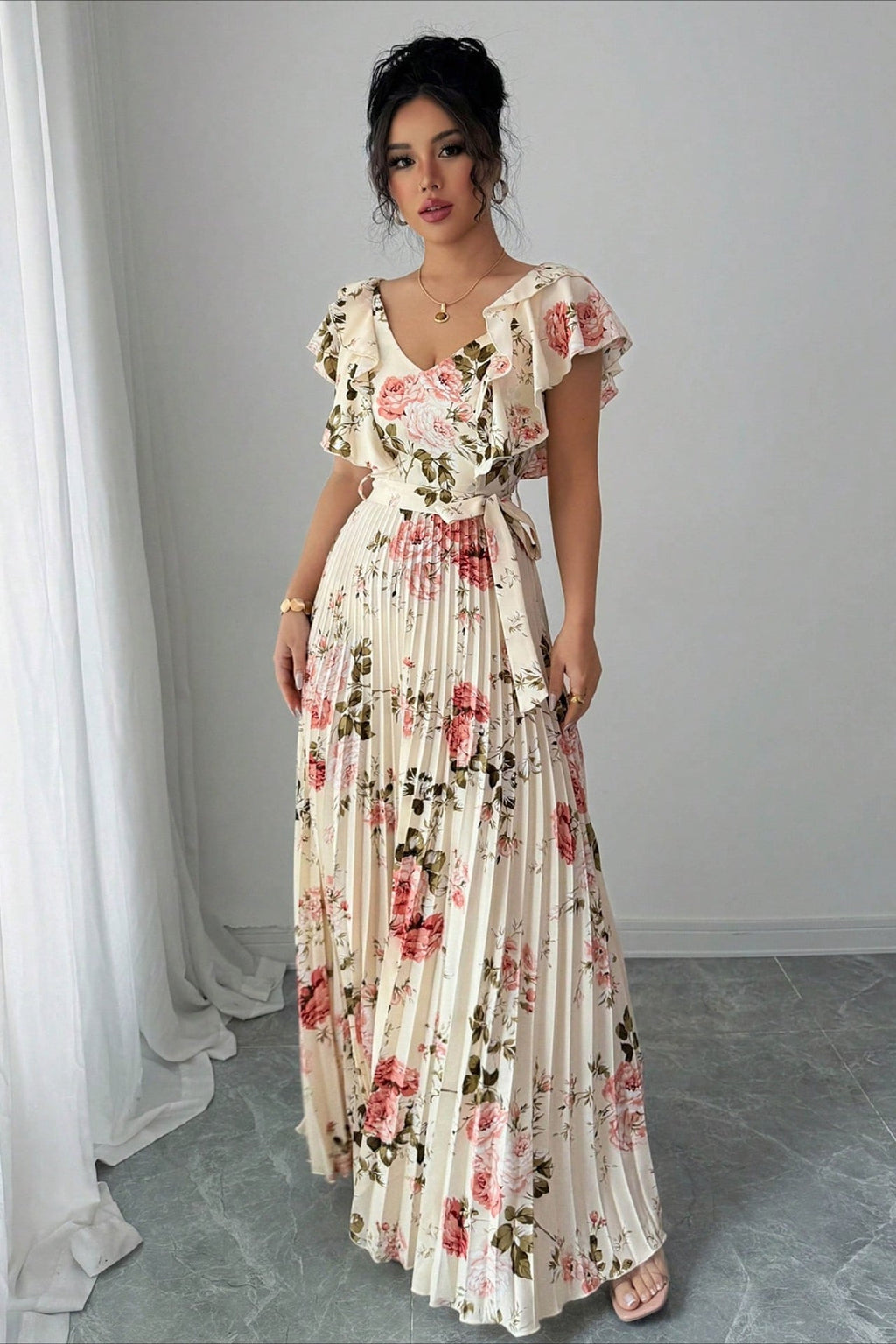 Floral Print Ruffle Sleeve V Neck Pleated Elegant Maxi Dress image 3