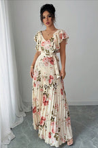 Floral Print Ruffle Sleeve V Neck Pleated Elegant Maxi Dress image 3