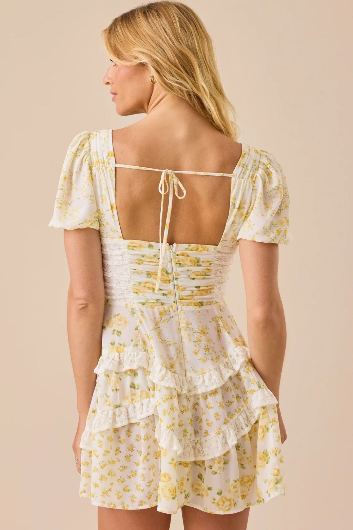 Floral Lace Patchwork V Neck Puff Short Sleeve Mini Dress image 18