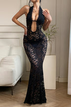 Lace Halter Neck Backless Solid Maxi Dress image 6